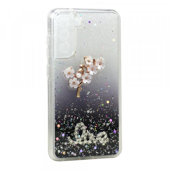 Wholesale Jewel Glitter 3D Flower Love Crystal Armor Hybrid Case for Samsung Galaxy S21 FE 5G (Black)